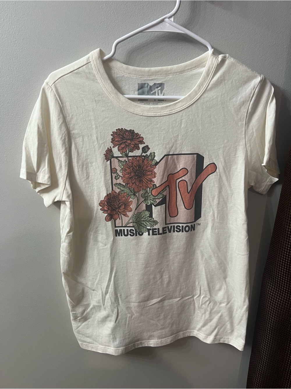 MTV Cream Short-Sleeve Tee with Rust Floral Logo